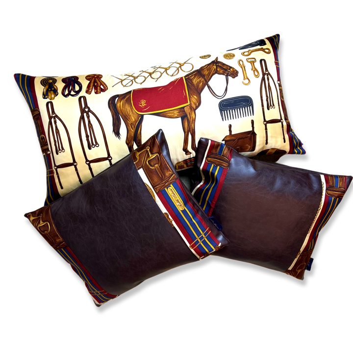 Vintage Ralph Lauren Pillow Equestrian Beige Vintage Silk Scarf Pillows at Vintage Luxe Up