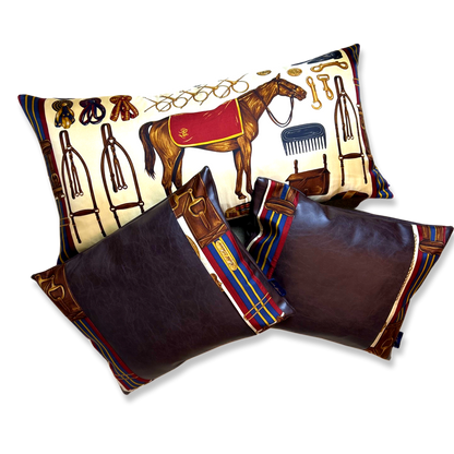 Vintage Ralph Lauren Pillow Equestrian Beige Vintage Silk Scarf Pillows at Vintage Luxe Up