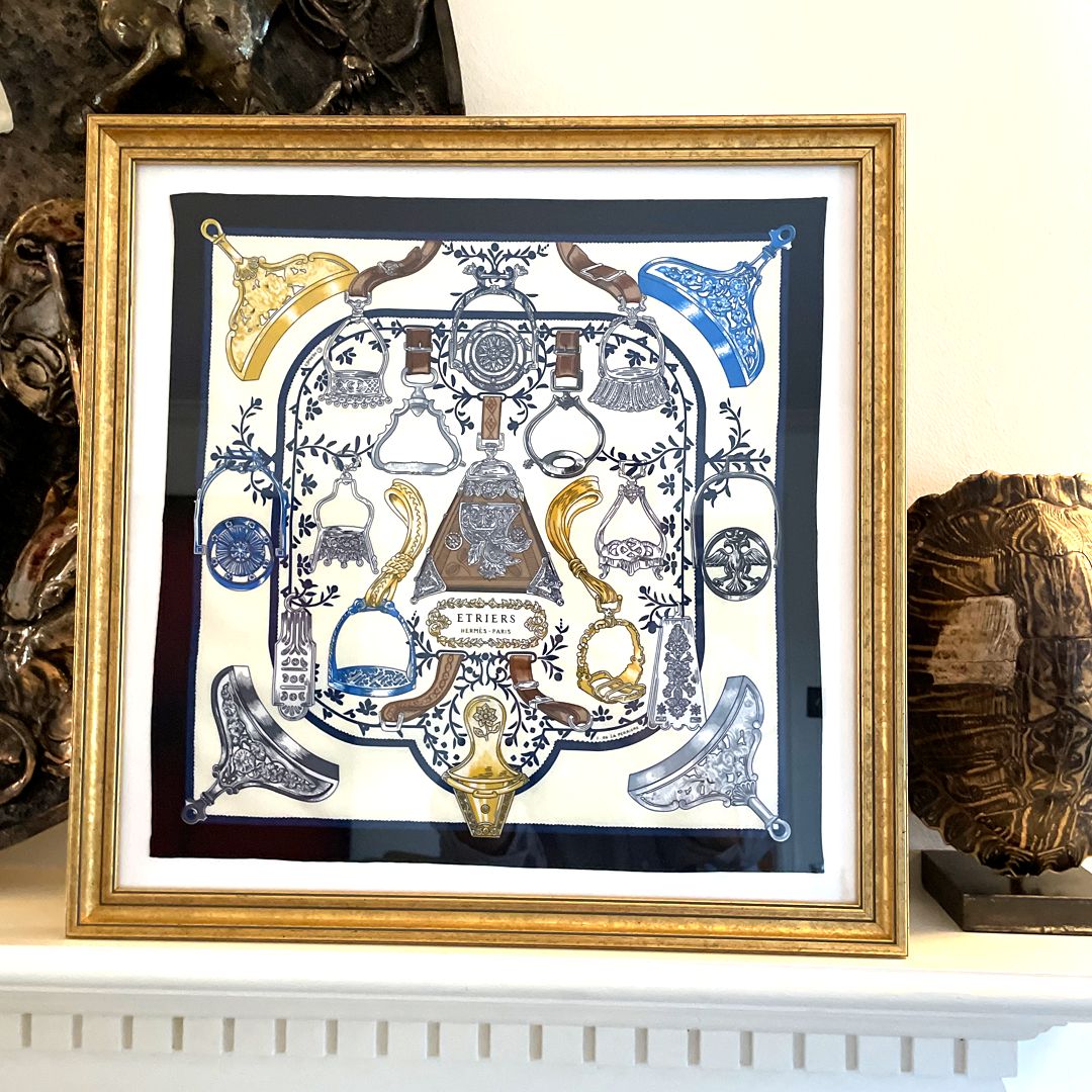 Etriers Noir Framed Vintage Silk Scarf 20"