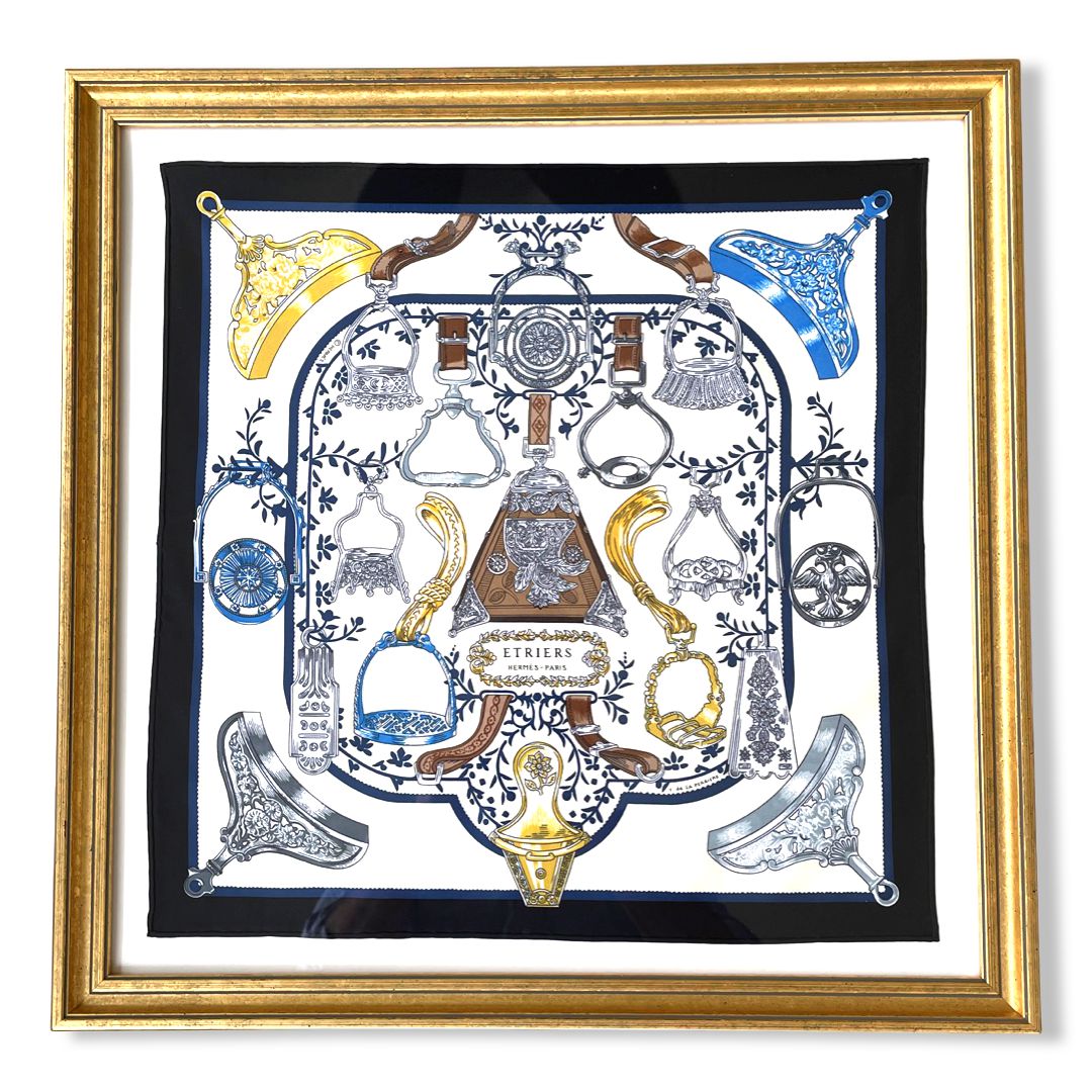 Framed Hermes Scarf Etriers Noir Framed Vintage Silk Scarf 20" Vintage Hermes at Vintage Luxe Up