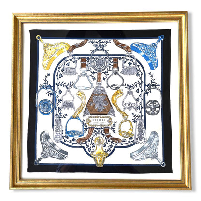 Framed Hermes Scarf Etriers Noir Framed Vintage Silk Scarf 20" Vintage Hermes at Vintage Luxe Up