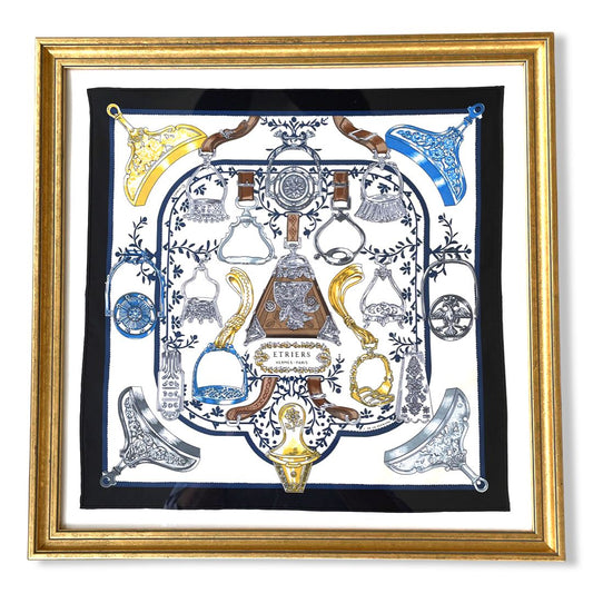 Framed Hermes Scarf Etriers Noir Framed Vintage Silk Scarf 20" Vintage Hermes at Vintage Luxe Up