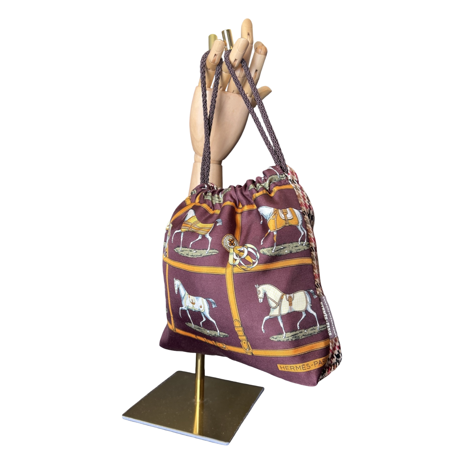 Petites Chevaux Brown Vintage Scarf Drawstring Crossbody Bag