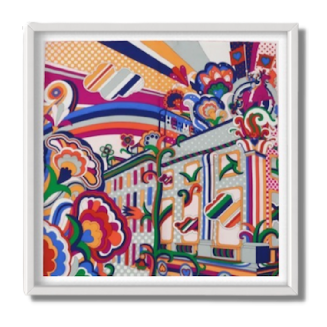 Framed Hermes Scarf Faubourg Rainbow Framed Vintage Silk Scarf 20" Vintage Hermes at Vintage Luxe Up