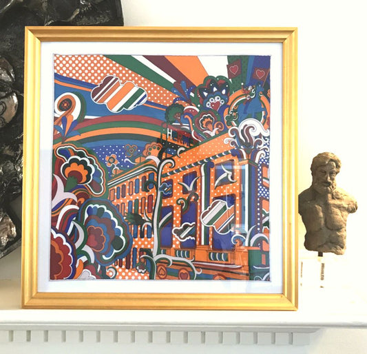 Framed Hermes Scarf Faubourg Rainbow Framed Vintage Silk Scarf 20" Vintage Hermes at Vintage Luxe Up
