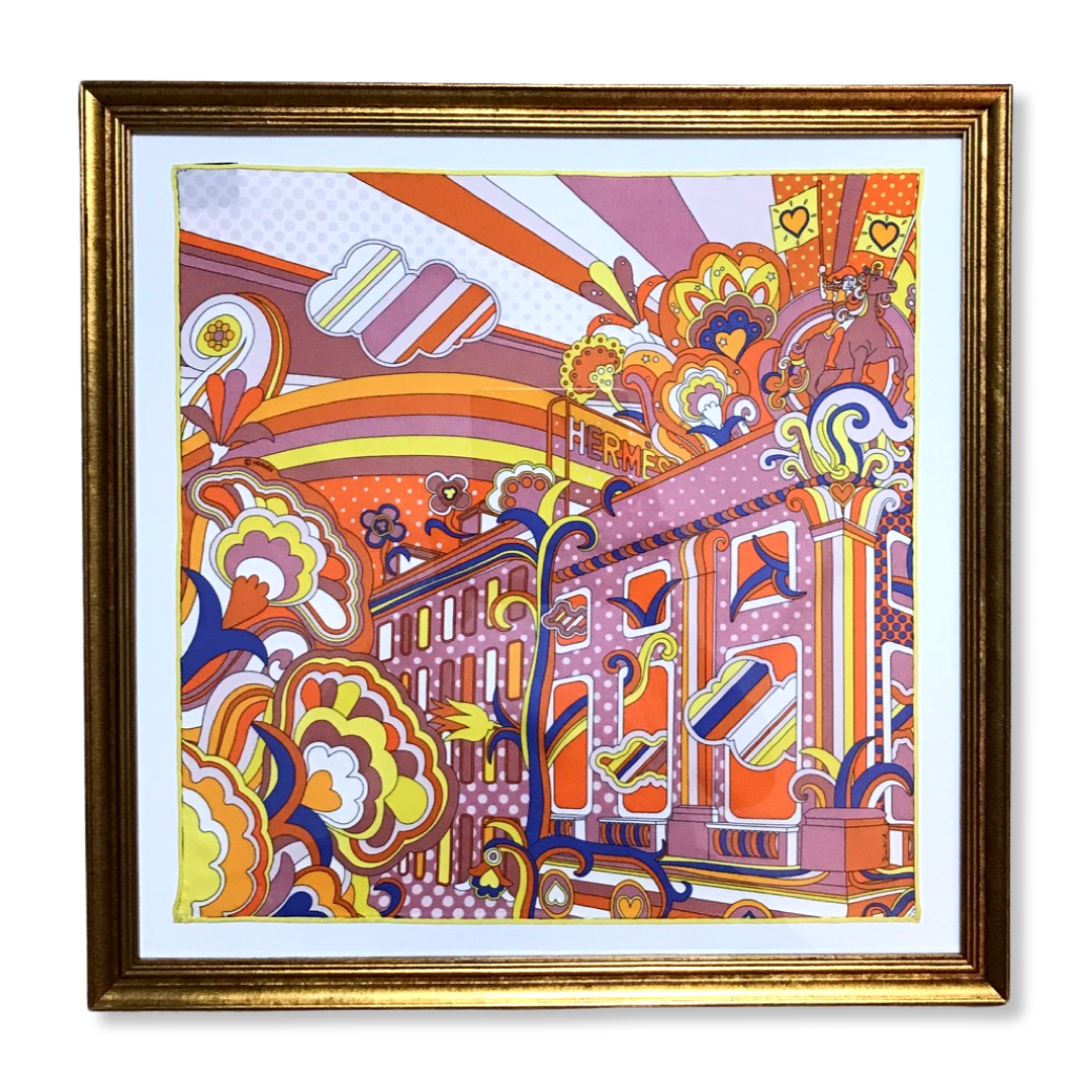 Framed Hermes Scarf Faubourg Rainbow Framed Vintage Silk Scarf 20" Vintage Hermes at Vintage Luxe Up