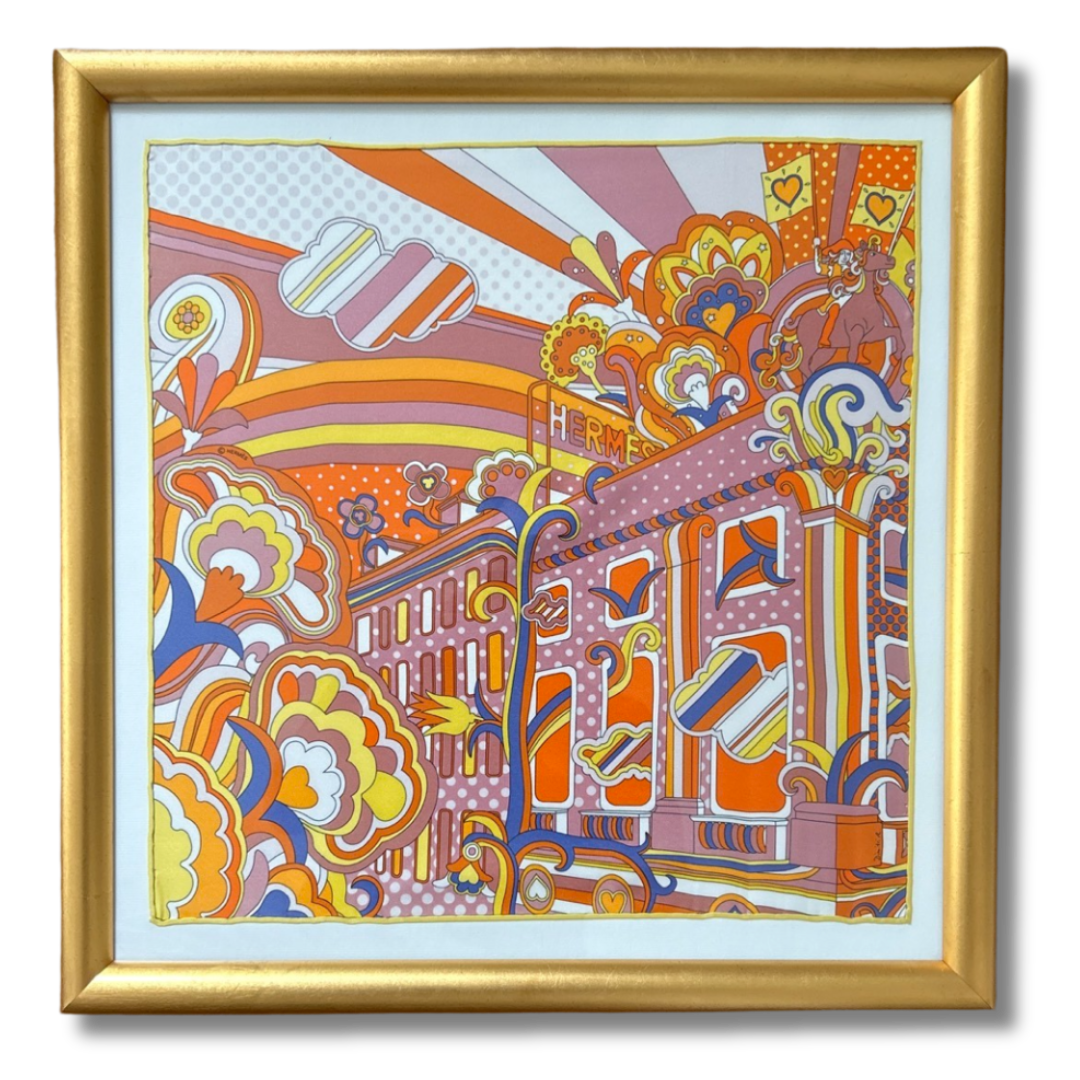 Framed Hermes Scarf Faubourg Rainbow Framed Vintage Silk Scarf 21" Vintage Hermes at Vintage Luxe Up