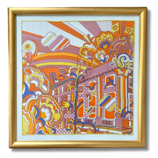 Framed Hermes Scarf Faubourg Rainbow Framed Vintage Silk Scarf 21" Vintage Hermes at Vintage Luxe Up