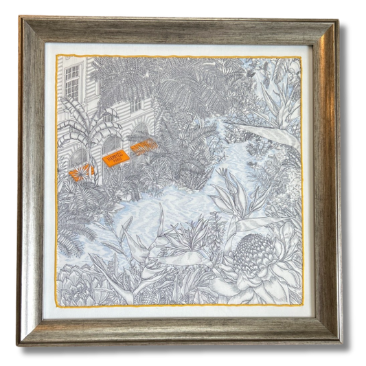 Framed Hermes Scarf Faubourg Tropical Framed Vintage Silk Scarf 21" Vintage Hermes at Vintage Luxe Up