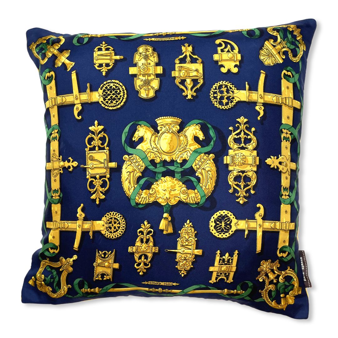 Vintage Hermes Pillow Ferronneries Navy Vintage Silk Scarf Pillow 17" at Vintage Luxe Up