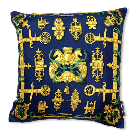Vintage Hermes Pillow Ferronneries Navy Vintage Silk Scarf Pillow 17" at Vintage Luxe Up