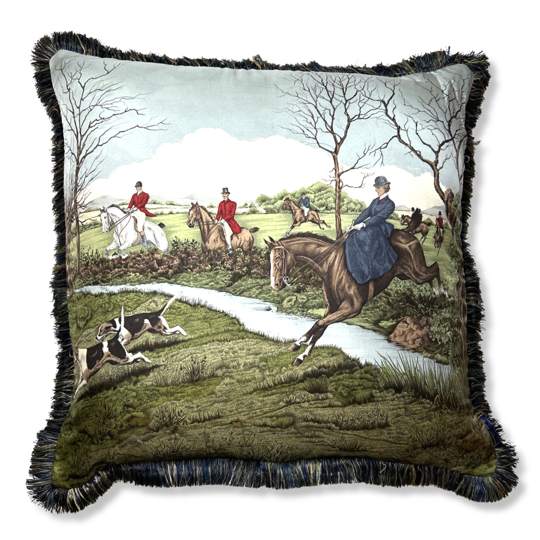 Fox Hunt Equestrian Tartan Vintage Silk Scarf Pillow 28"