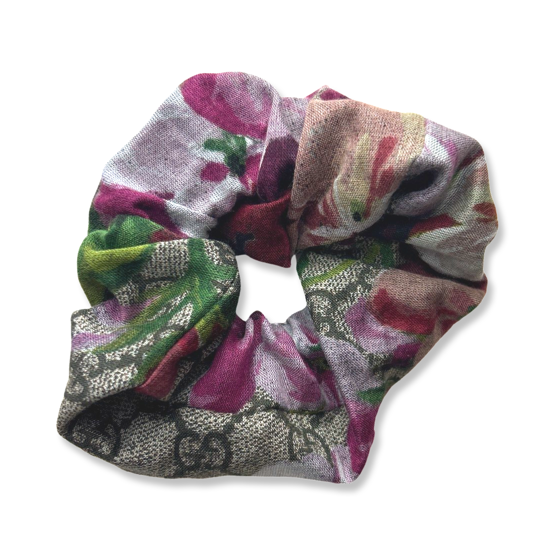 Vintage Gucci Scarf Scrunchie -GG Blooms Pink Hydrangea Vintage Silk Scarf Hair Scrunchies at Vintage Luxe Up