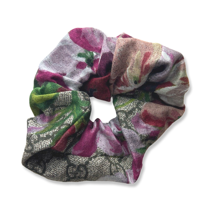 Vintage Gucci Scarf Scrunchie -GG Blooms Pink Hydrangea Vintage Silk Scarf Hair Scrunchies at Vintage Luxe Up