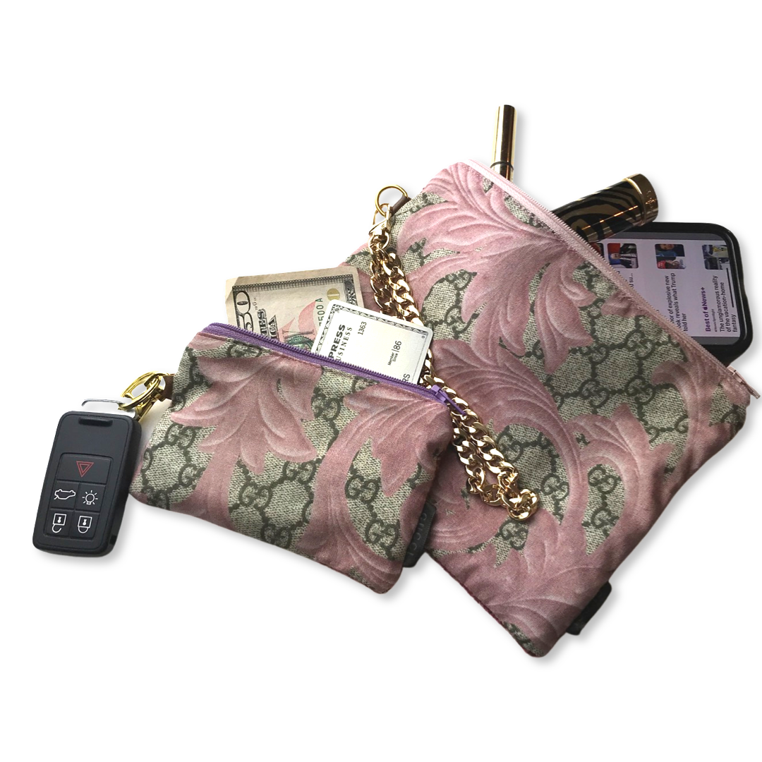 GG Logo Arabesque Pink Vintage Silk Scarf Coffee Run Keychain Bag