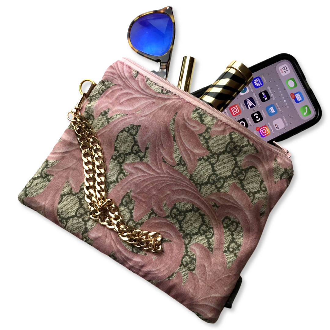 Vintage Gucci Scarf Wristlet Bag GG Logo Arabesque Pink Vintage Silk Scarf Grand Wristlet Bag at Vintage Luxe Up