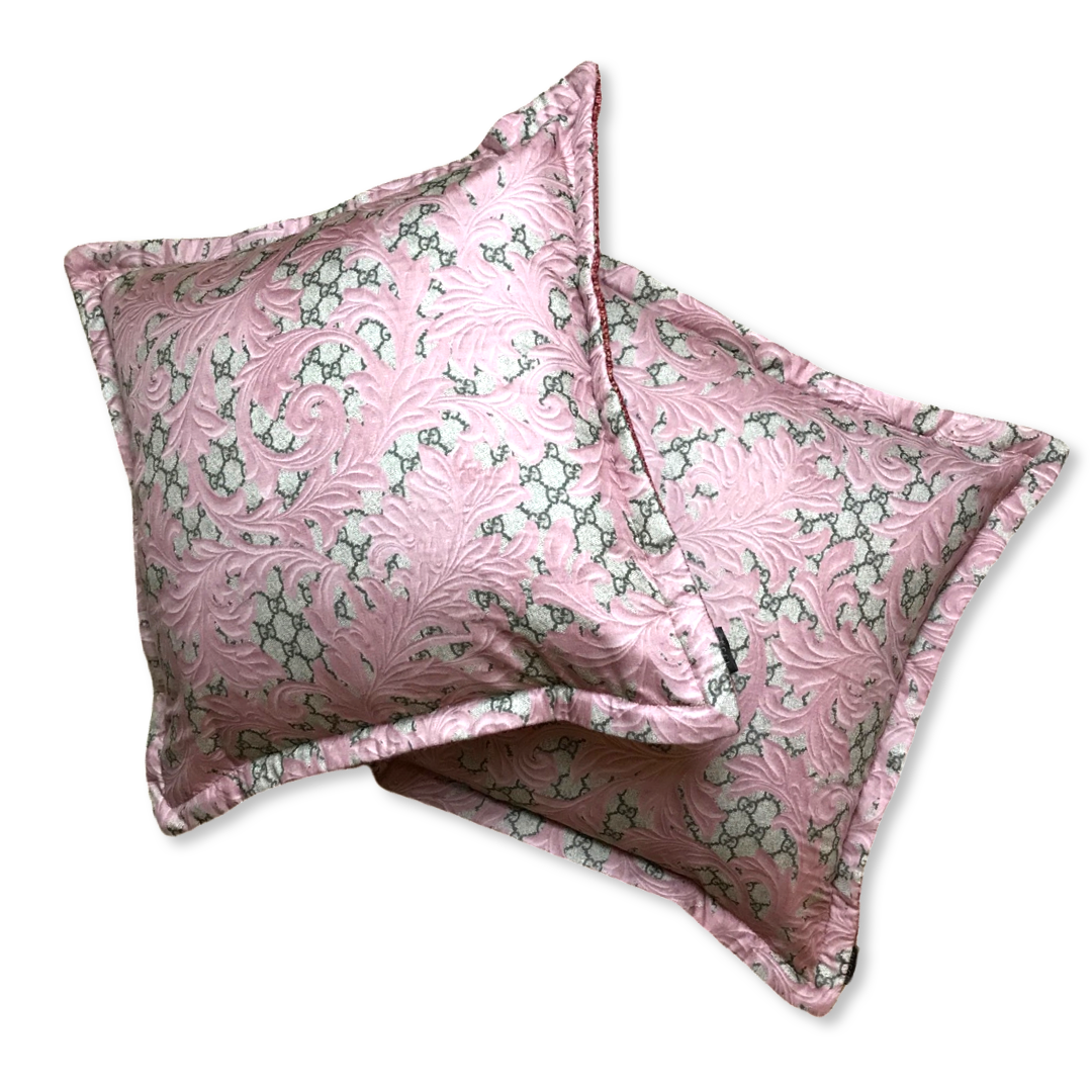 Vintage Gucci Pillow GG Logo Arabesque Pink Vintage Silk Scarf Pillows at Vintage Luxe Up
