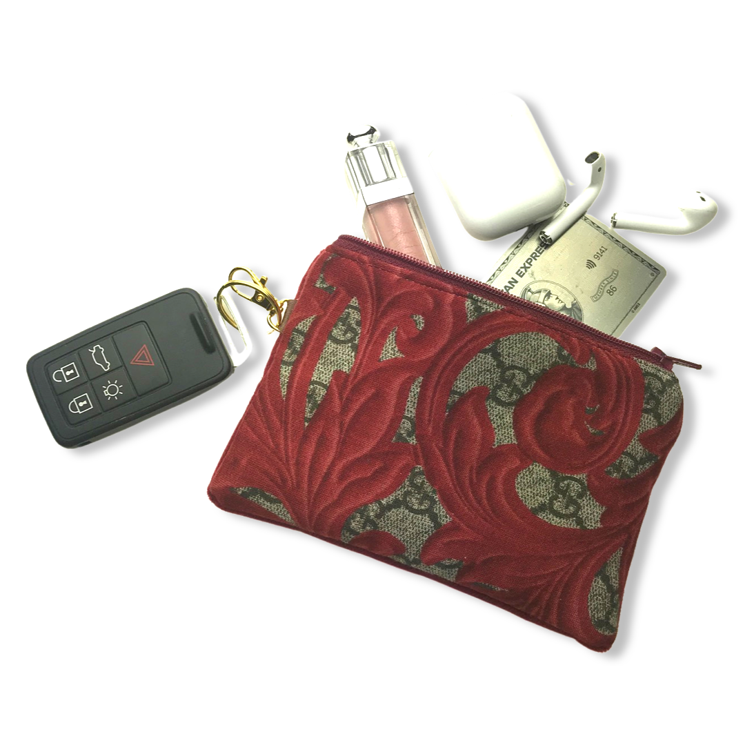 Vintage Gucci keychain bag GG Logo Arabesque Red Vintage Silk Scarf Coffee Run Keychain Bag at Vintage Luxe Up