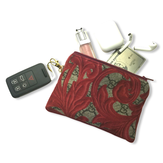 Vintage Gucci keychain bag GG Logo Arabesque Red Vintage Silk Scarf Coffee Run Keychain Bag at Vintage Luxe Up