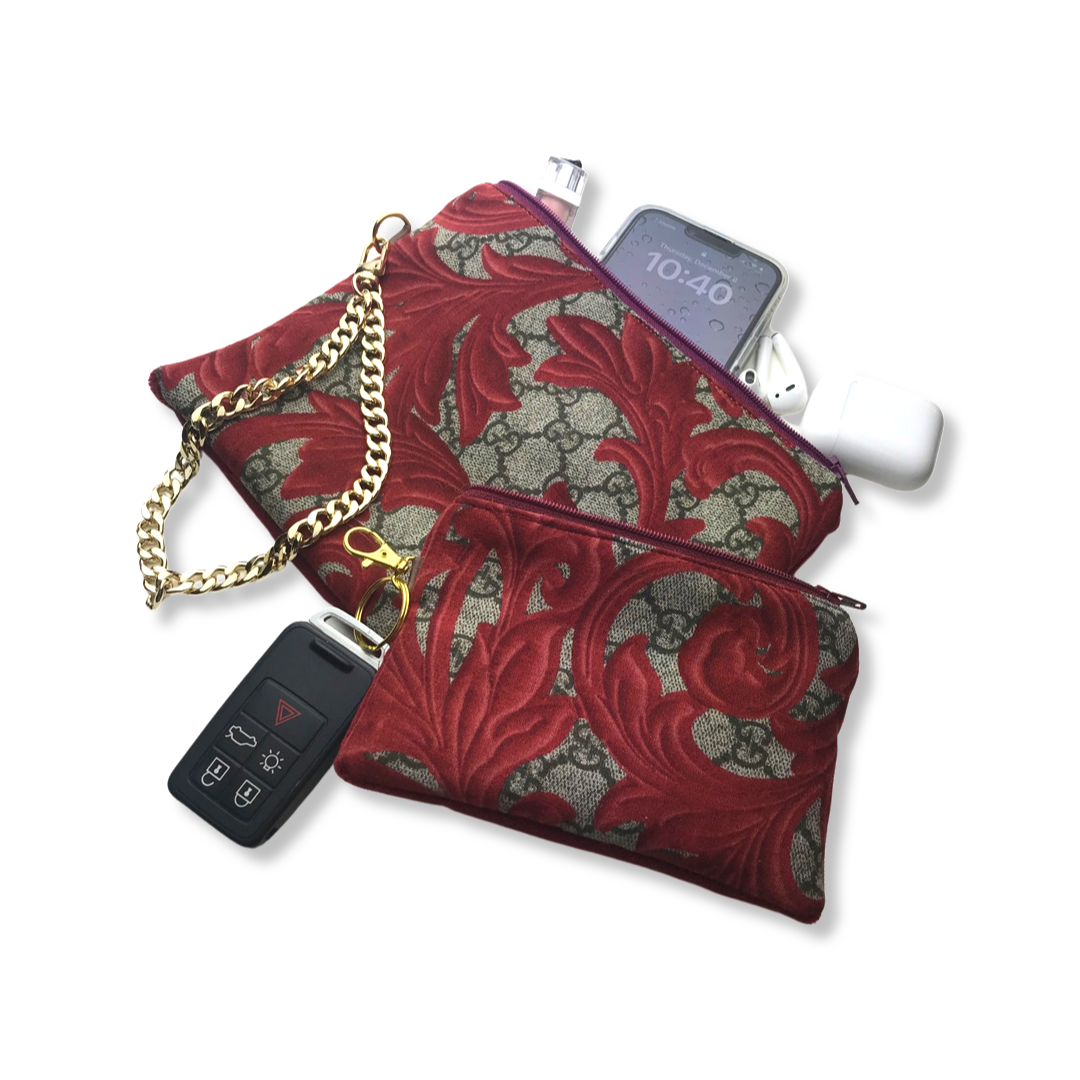 GG Logo Arabesque Red Vintage Silk Scarf Grand Wristlet Bag