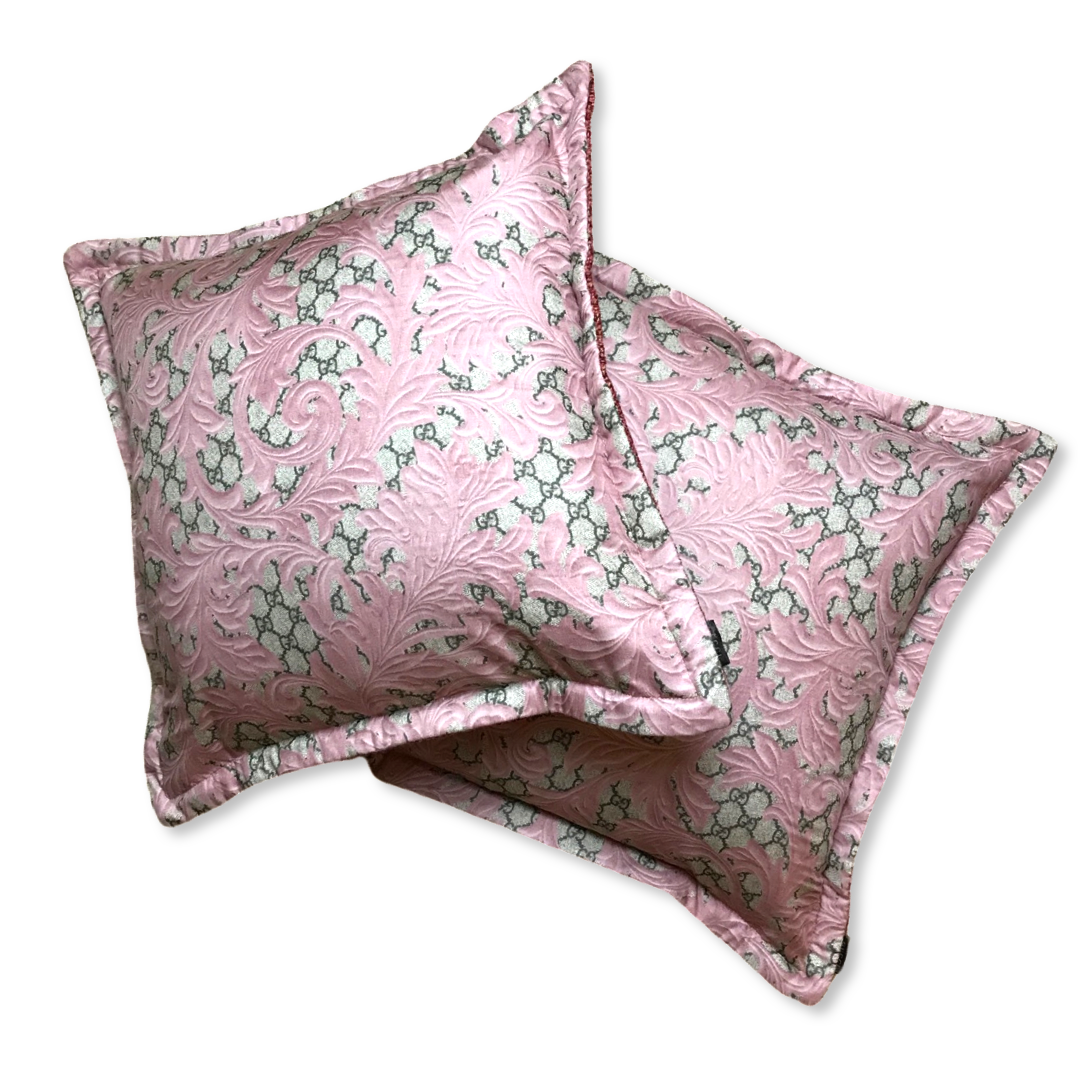 Vintage Gucci Pillow GG Logo Arabesque Pink Vintage Silk Scarf Pillows 20" at Vintage Luxe Up