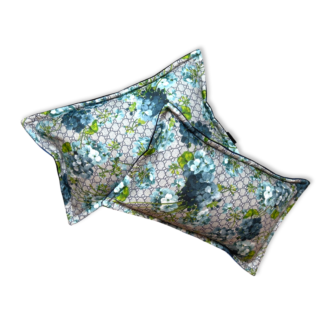 GG Logo Blooms Blue Hydrangea Vintage Silk Scarf Boudoir Pillow