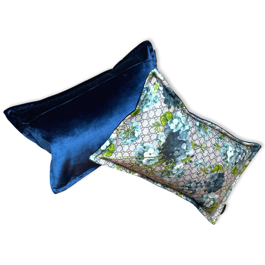 Vintage Gucci Pillow GG Logo Blooms Blue Hydrangea Vintage Silk Scarf Boudoir Pillow at Vintage Luxe Up