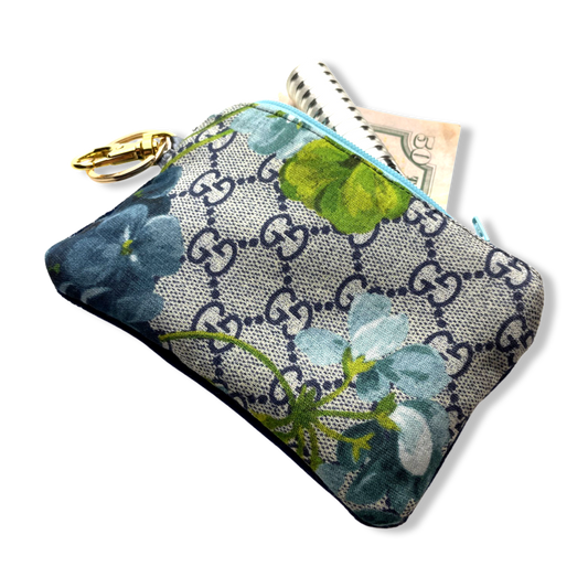 Vintage Gucci keychain bag GG Logo Blooms Blue Vintage Silk Scarf Coffee Run Keychain Bag at Vintage Luxe Up