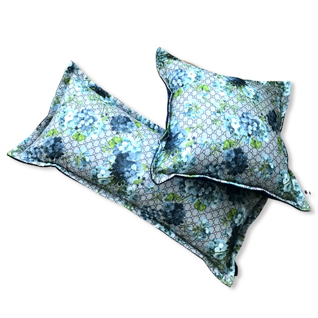 Vintage Gucci Pillow GG Logo Blooms Hydrangea Silk Scarf Lumbar Pillow at Vintage Luxe Up