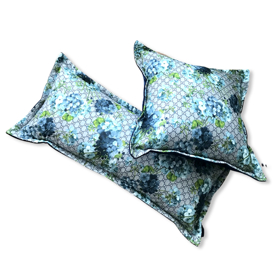 Vintage Gucci Pillow GG Logo Blooms Hydrangea Silk Scarf Lumbar Pillow at Vintage Luxe Up