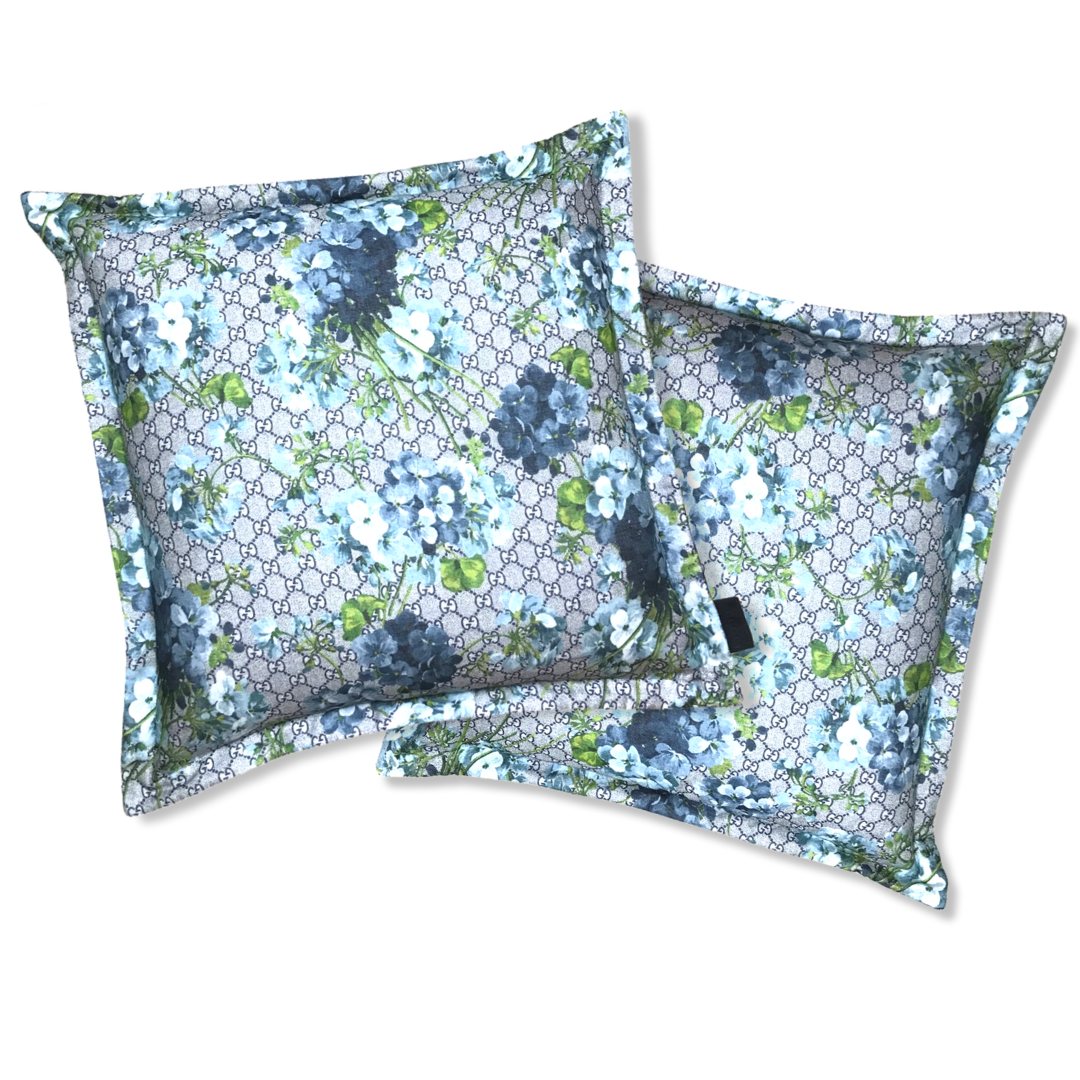 Vintage Gucci Pillow GG Logo Blooms Hydrangea Silk Scarf Pillows 20" at Vintage Luxe Up
