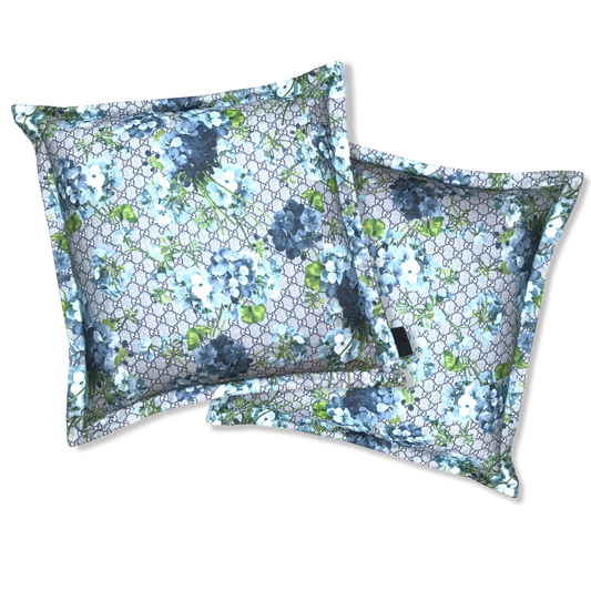 Vintage Gucci Pillow GG Logo Blooms Hydrangea Silk Scarf Pillows 20" at Vintage Luxe Up