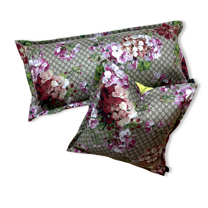 Vintage Gucci Pillow GG Logo Blooms Pink Hydrangea Silk Scarf Pillows at Vintage Luxe Up