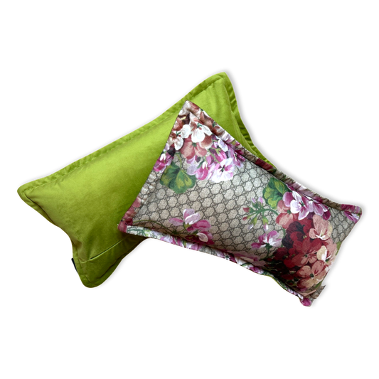 Vintage Gucci Pillow GG Logo Blooms Pink Hydrangea Vintage Silk Scarf Boudoir Pillow at Vintage Luxe Up