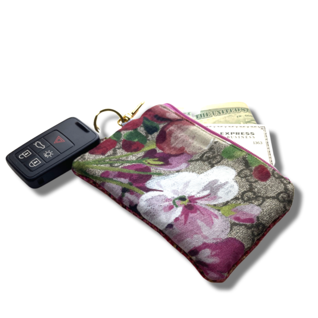 Vintage Gucci keychain bag GG Logo Blooms Pink Vintage Silk Scarf Coffee Run Keychain Bag at Vintage Luxe Up