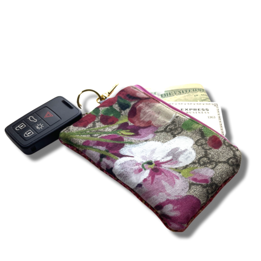 Vintage Gucci keychain bag GG Logo Blooms Pink Vintage Silk Scarf Coffee Run Keychain Bag at Vintage Luxe Up