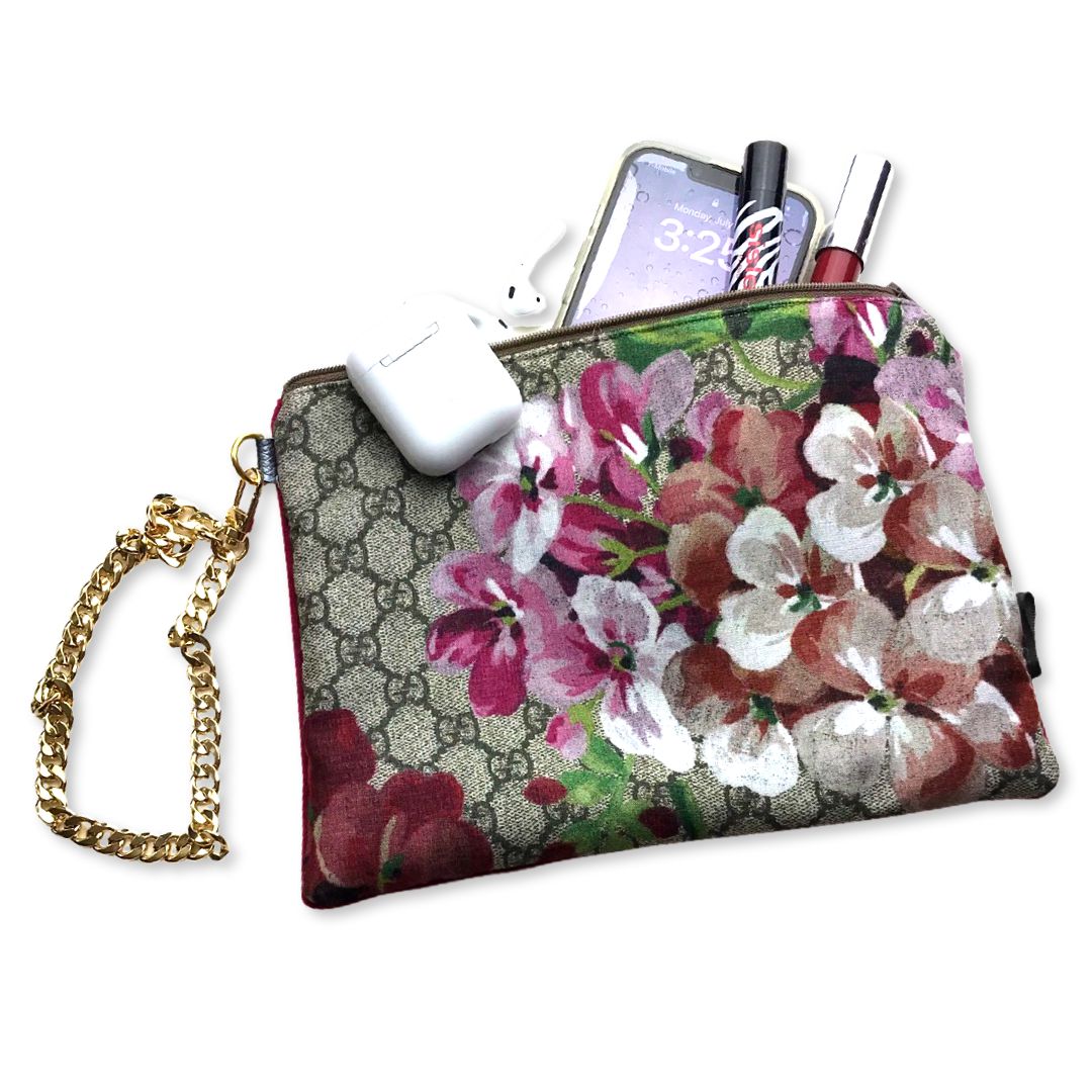 Vintage Gucci Scarf Wristlet Bag GG Logo Blooms Pink Vintage Silk Scarf Grand Wristlet Bag at Vintage Luxe Up