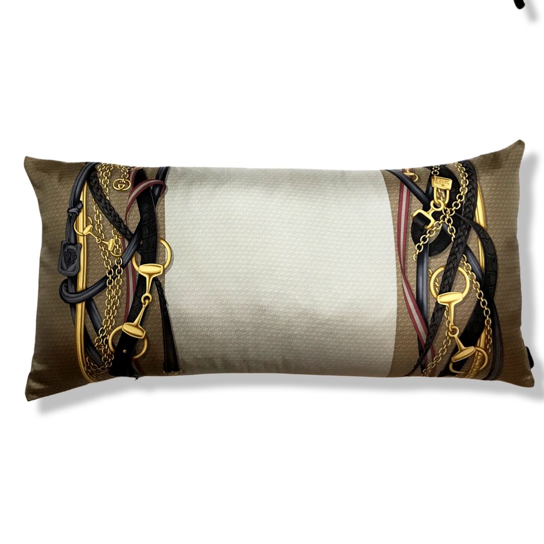 Vintage Gucci Pillow GG Logo Snaffle Bit Vintage Silk Scarf Lumbar Pillow 35" at Vintage Luxe Up