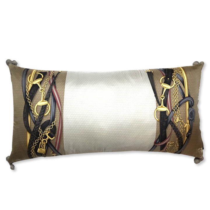 Vintage Gucci Pillow GG Logo Snaffle Bit Vintage Silk Scarf Lumbar Pillow 35" at Vintage Luxe Up
