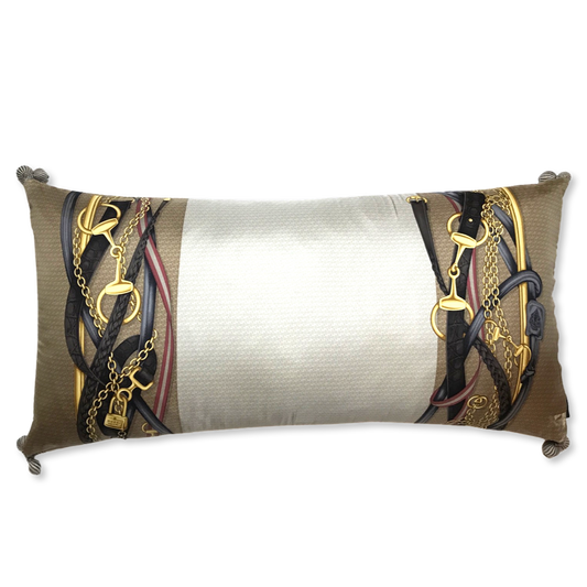 Vintage Gucci Pillow GG Logo Snaffle Bit Vintage Silk Scarf Lumbar Pillow 35" at Vintage Luxe Up
