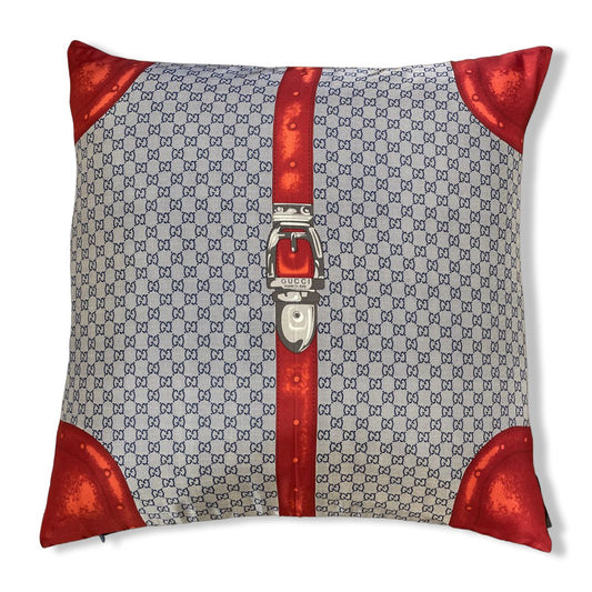 Vintage Gucci Pillow GG Monogram Blue & Red Silk Scarf Pillow 26" at Vintage Luxe Up