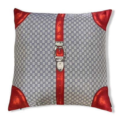 Vintage Gucci Pillow GG Monogram Blue & Red Silk Scarf Pillow 26" at Vintage Luxe Up