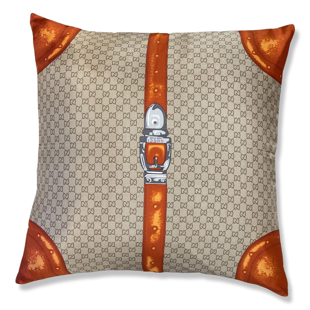 Vintage Gucci Pillow GG Monogram Tan & Orange Silk Scarf Pillow 26" at Vintage Luxe Up
