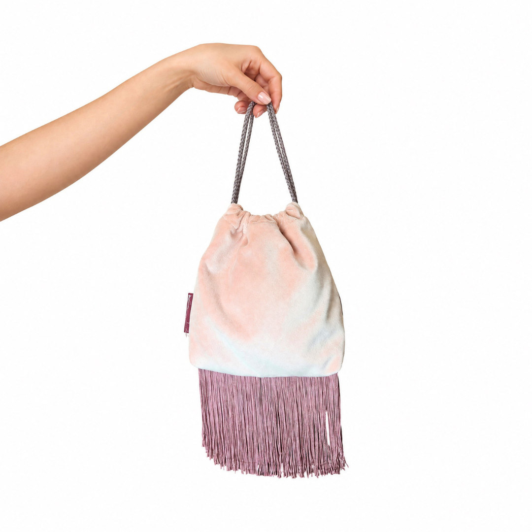 GG Blooms Pink Vintage Scarf Drawstring Crossbody Bag with Fringe