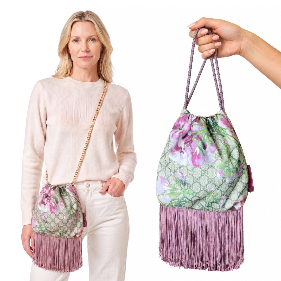 GG Blooms Pink Vintage Scarf Drawstring Crossbody Bag with Fringe