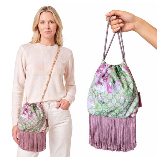 GG Blooms Pink Vintage Scarf Drawstring Crossbody Bag with Fringe