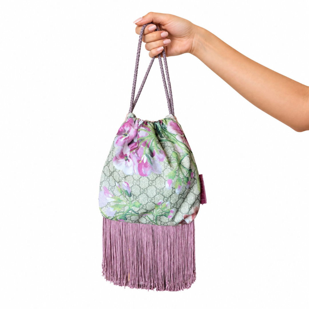 GG Blooms Pink Vintage Scarf Drawstring Crossbody Bag with Fringe