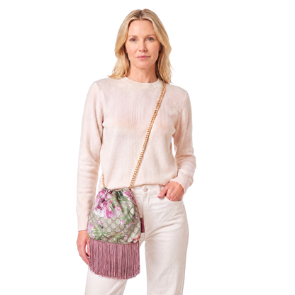 GG Blooms Pink Vintage Scarf Drawstring Crossbody Bag with Fringe