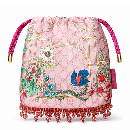GG Floral Lattice Pink Vintage Scarf Drawstring Crossbody Bag with Fringe