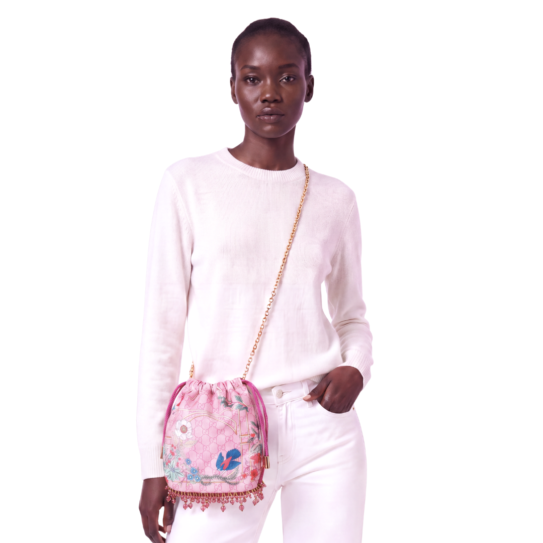GG Floral Lattice Pink Vintage Scarf Drawstring Crossbody Bag with Fringe